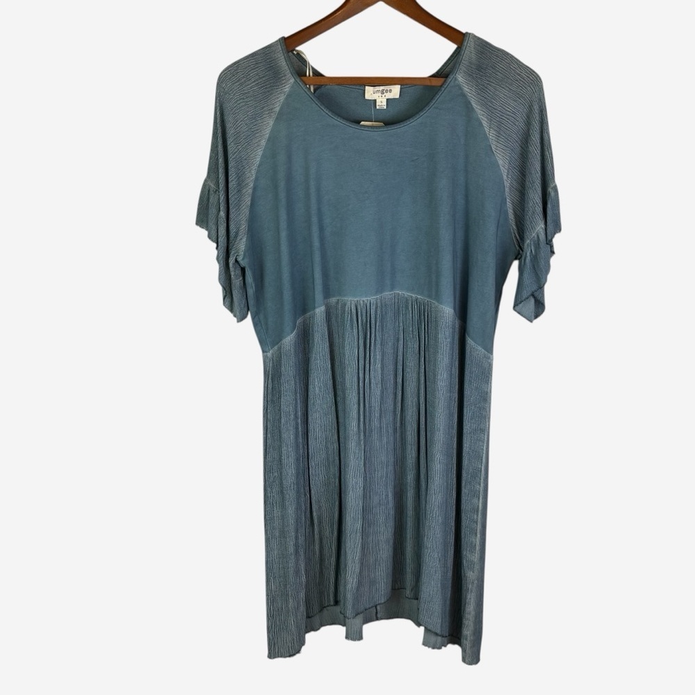 NEW Umgee Ruffle Sleeve Babydoll Shift Dress • Size S • Cotton Blend Washed Blue - Picture 2 of 10